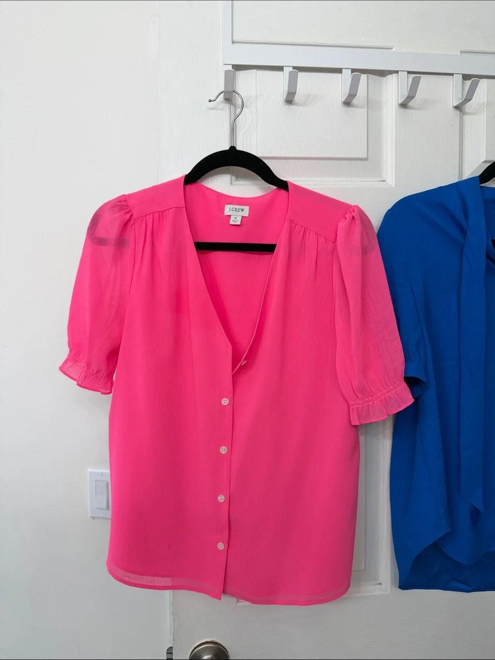 J. Crew Hot Pink Short Puff Sleeve Blouse